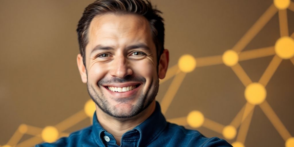 A man smiling, surrounded by digital marketing elements.