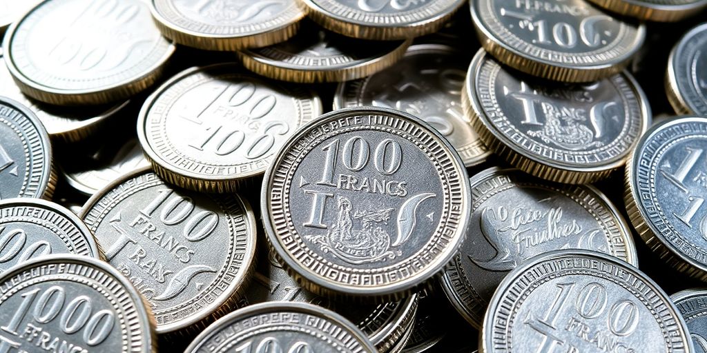 Une collection de pièces de 100 francs en argent.