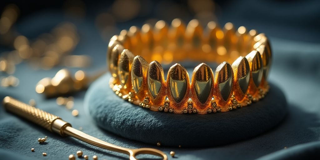 Couronne dentaire en or sur un fond velouté.
