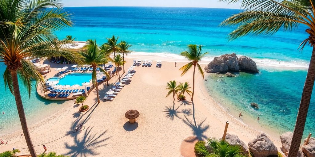 Beach view of all-inclusive resorts in Cabo San Lucas.