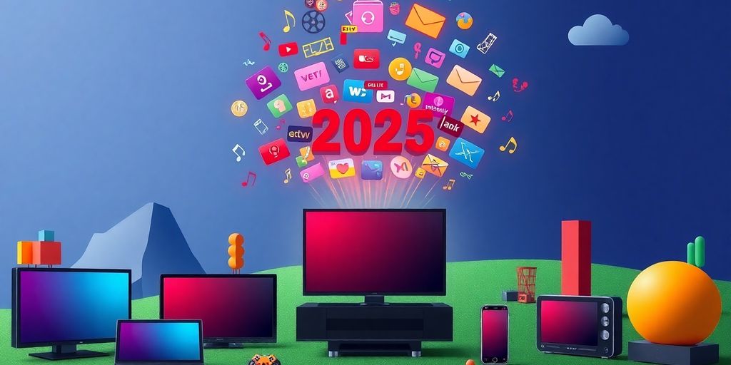 Futuristic devices and icons representing streaming services.
