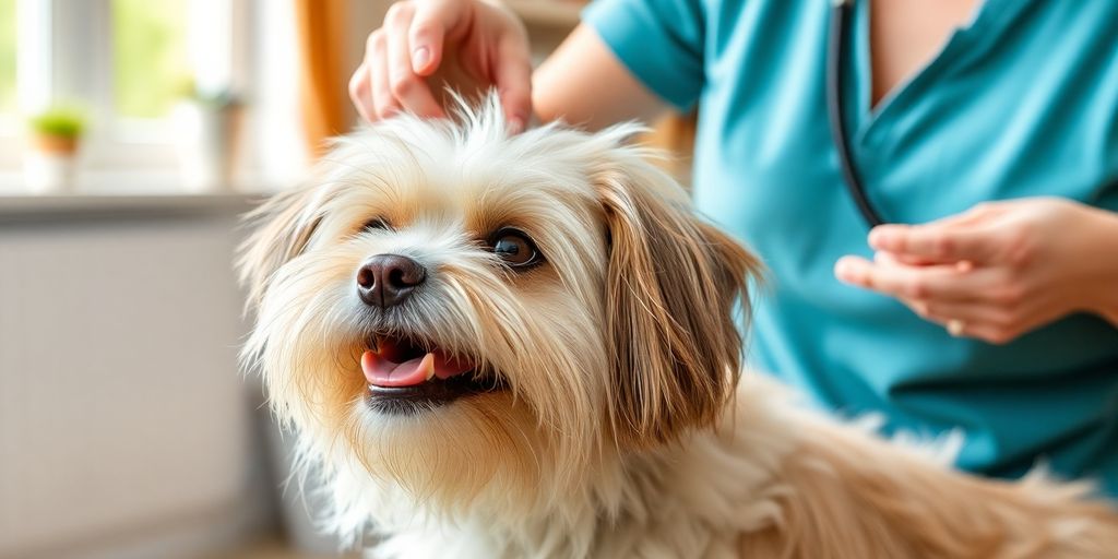 Happy dog getting groomed at home.