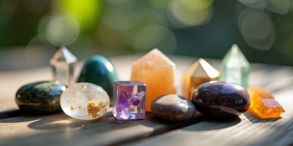 Cristalli curativi su superficie di legno