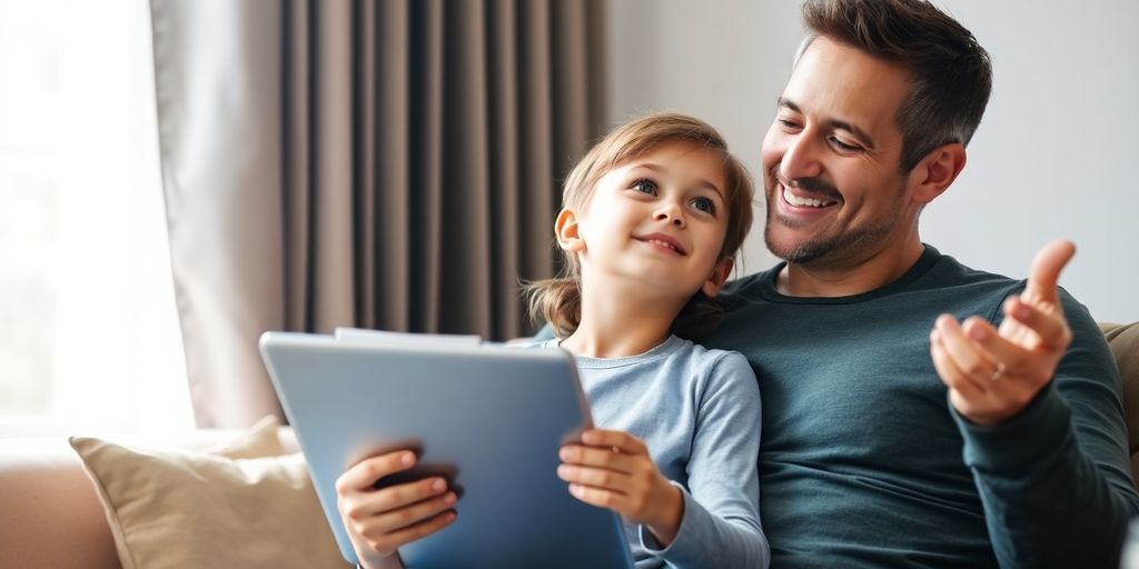 Parent and child discussing iPad use