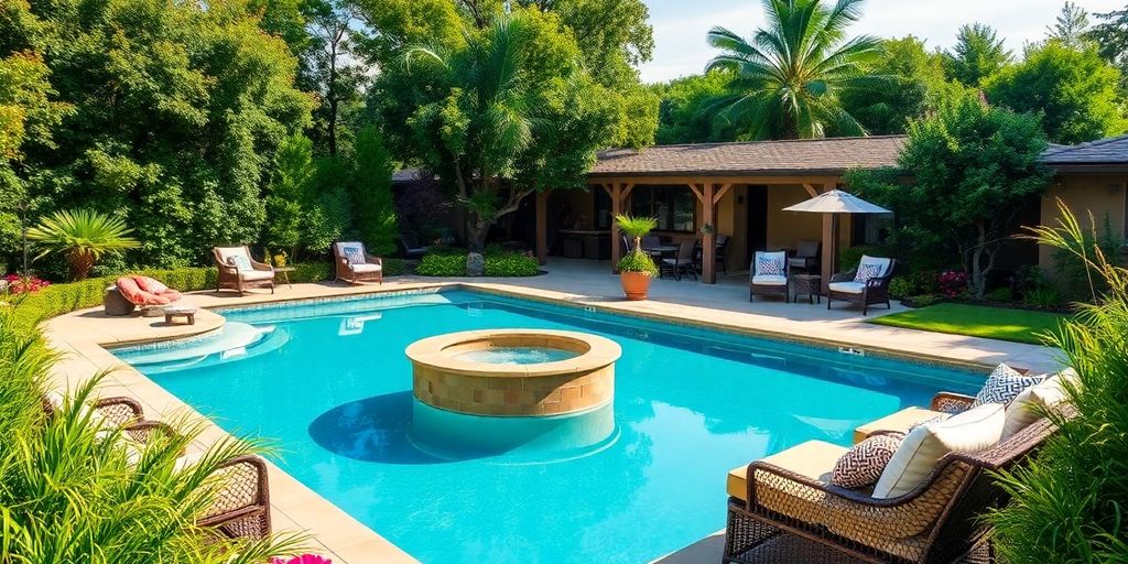 Piscina elegante com paisagismo exuberante e móveis externos.