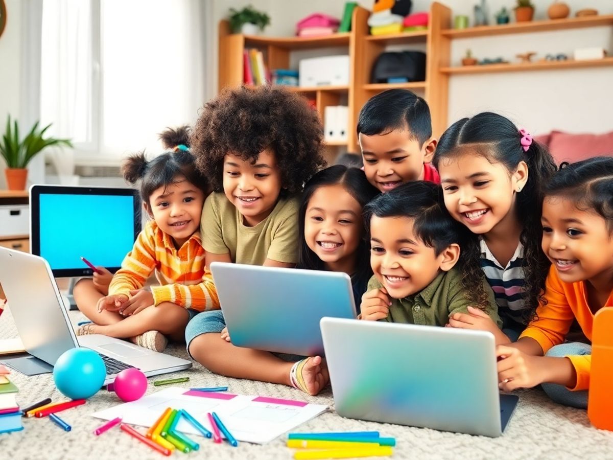 Copii învățând online cu entuziasm și bucurie.