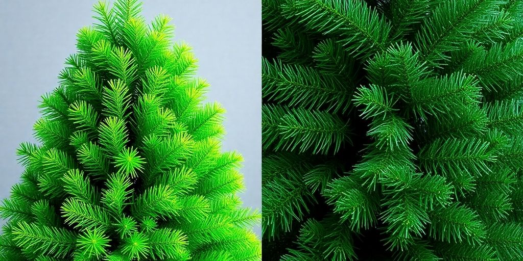 Künstlicher Weihnachtsbaum neben echtem Baum.