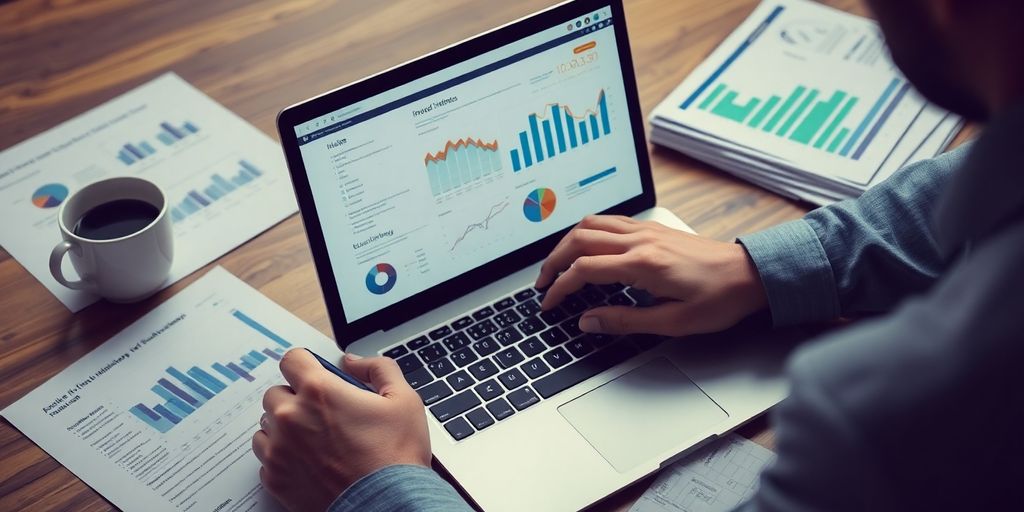 Person analyzing data with financial documents and coffee cup.