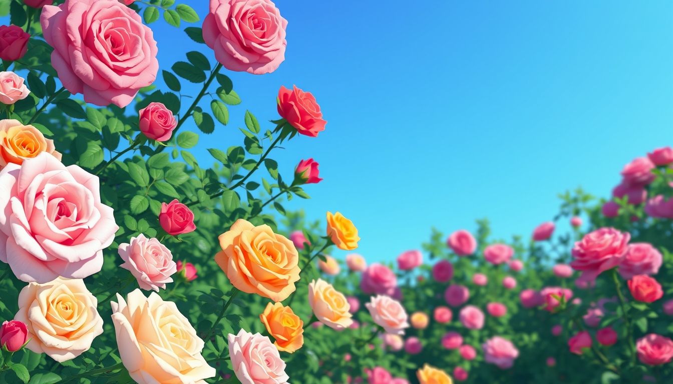 Illustrative garden with colorful blooming roses.