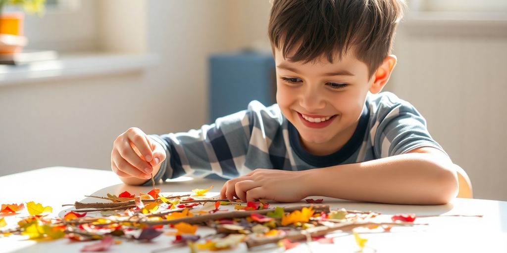 Children creating nature art with craft supplies.