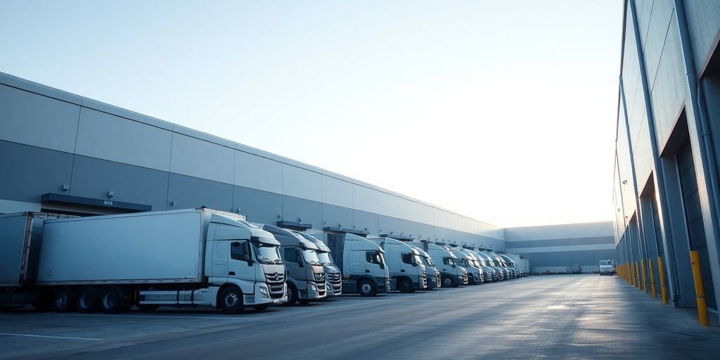 Warehouse exterior with trucks, daytime.