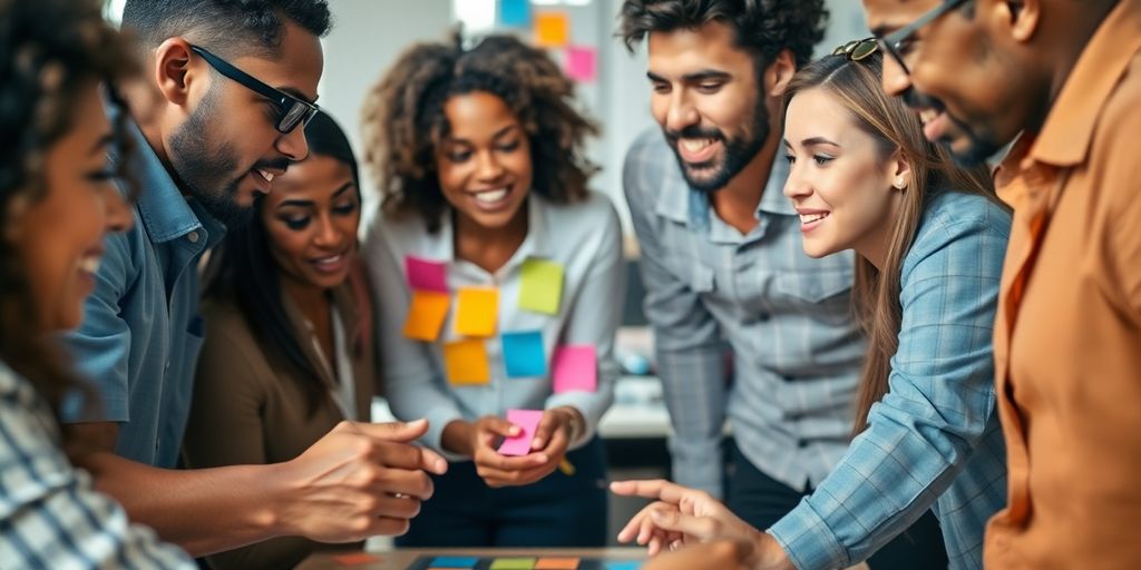 Group discussing strategies with colorful sticky notes.