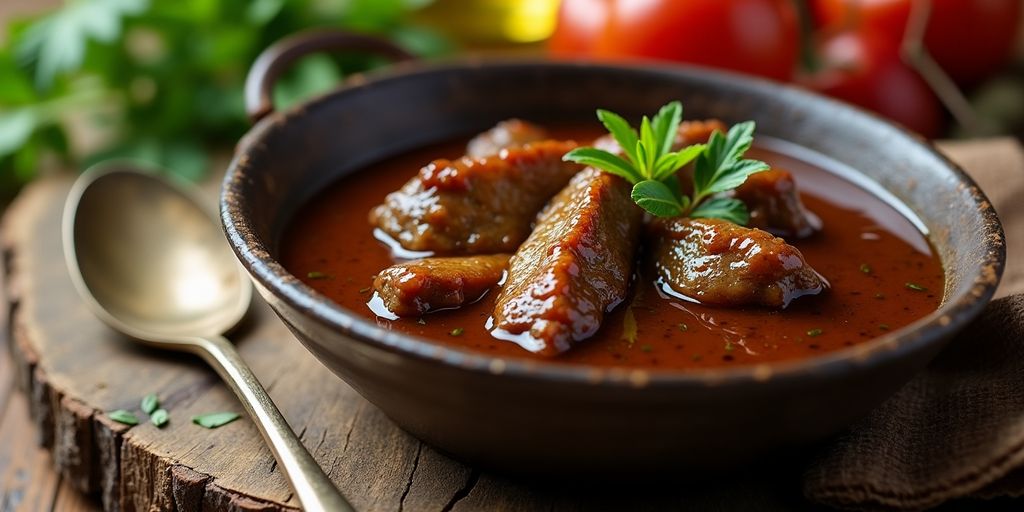 Schwarzwälder Jägersauce mit Fleisch und frischen Kräutern.