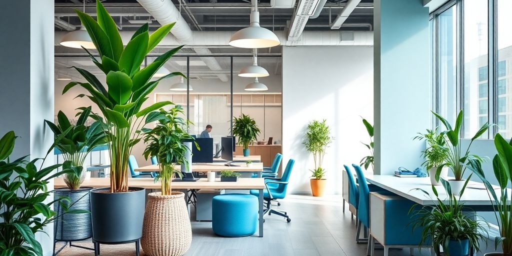 Nachhaltige Büroumgebung mit Pflanzen und blauen Akzenten.