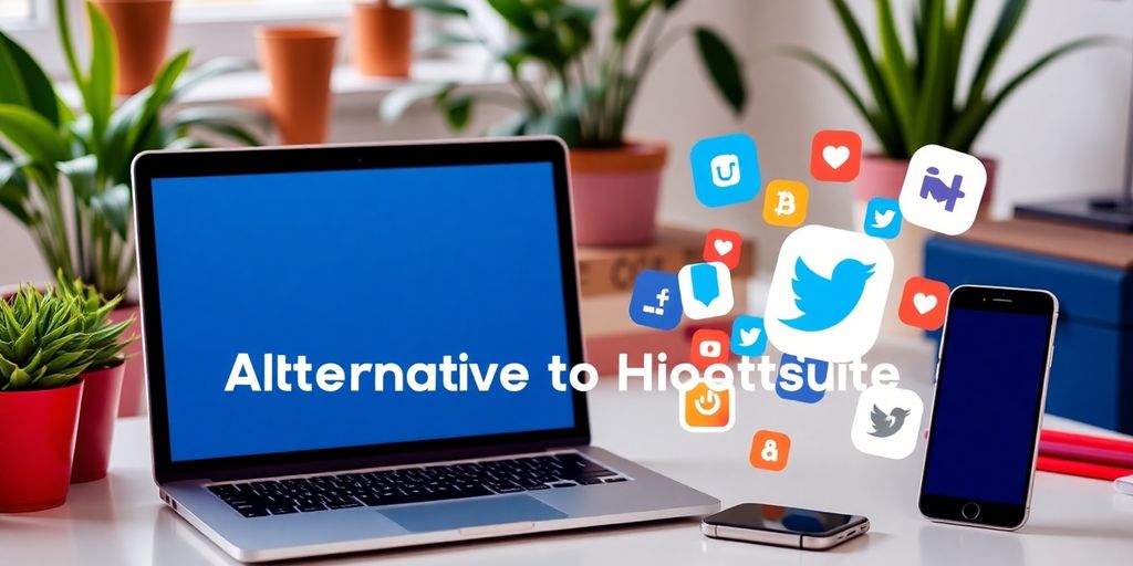 Workspace with laptop, smartphone, and social media icons.