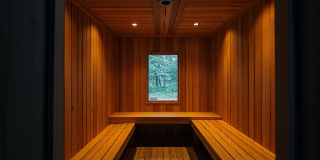 Cozy wooden sauna interior with benches.