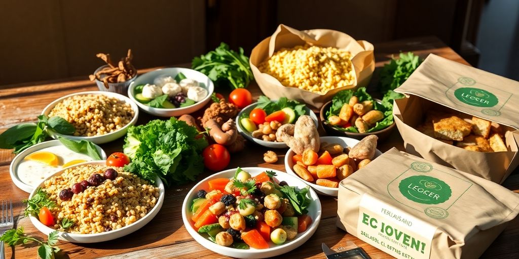 Mediterranean meal delivery with fresh ingredients and eco-friendly packaging.