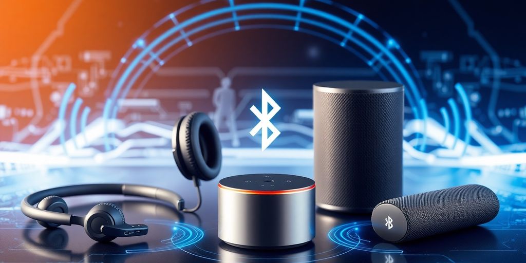 Dispositivos inalámbricos conectados por ondas Bluetooth en fondo tecnológico.