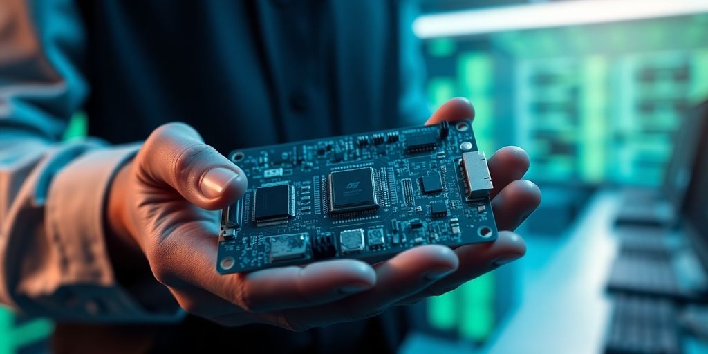 Engineer with circuit board, futuristic defense backdrop.