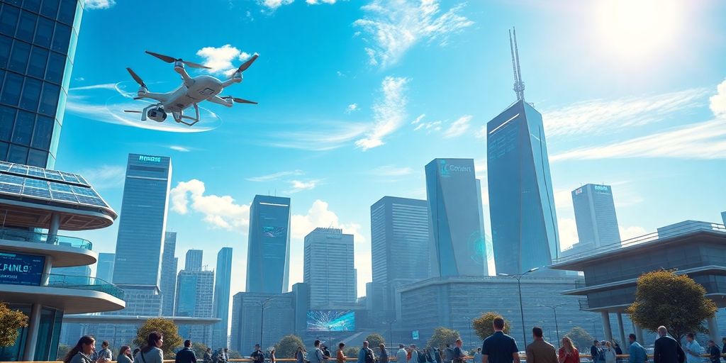 Futuristic skyline with advanced technology and vibrant atmosphere.