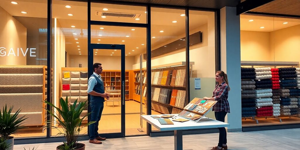 Storefront with glass windows, staff member welcoming customer and samples.