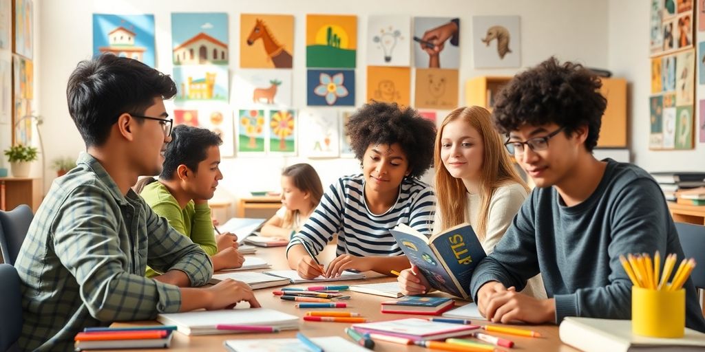 Students creating colorful motivation study pictures in a classroom.