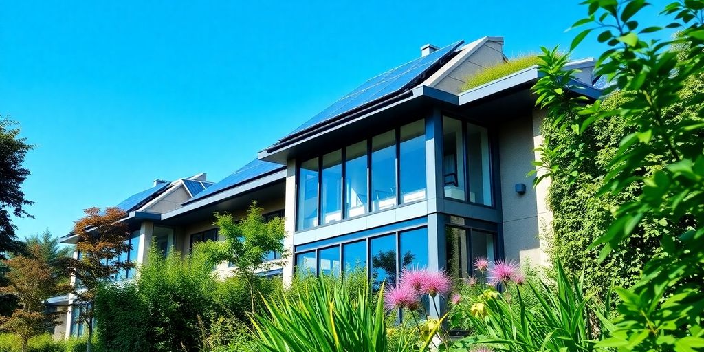 Modern sustainable building with greenery and solar panels.