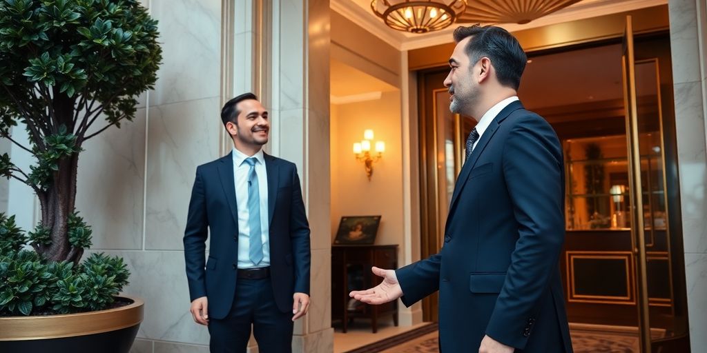 Concierge accueillant le propriétaire à l'entrée d'un bâtiment.