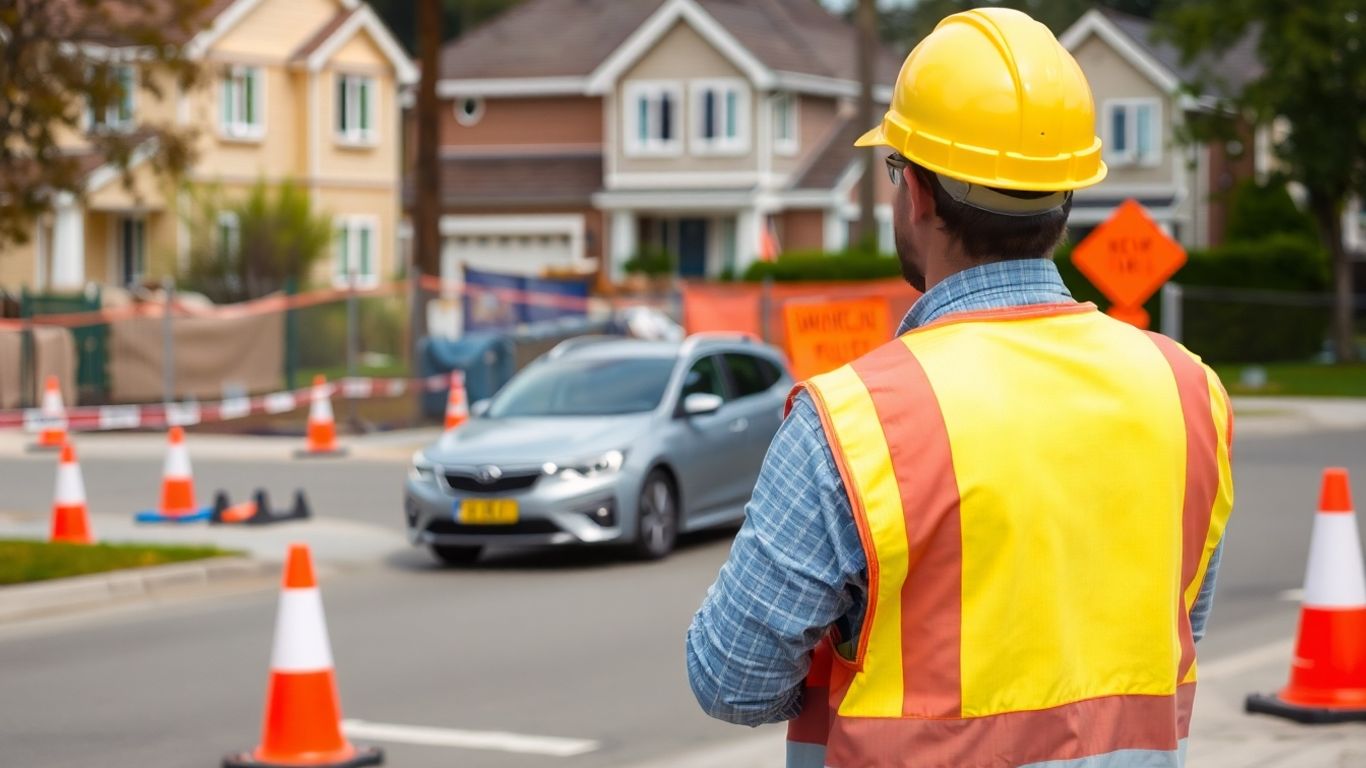 Worker directing cars near home renovation site with equipment