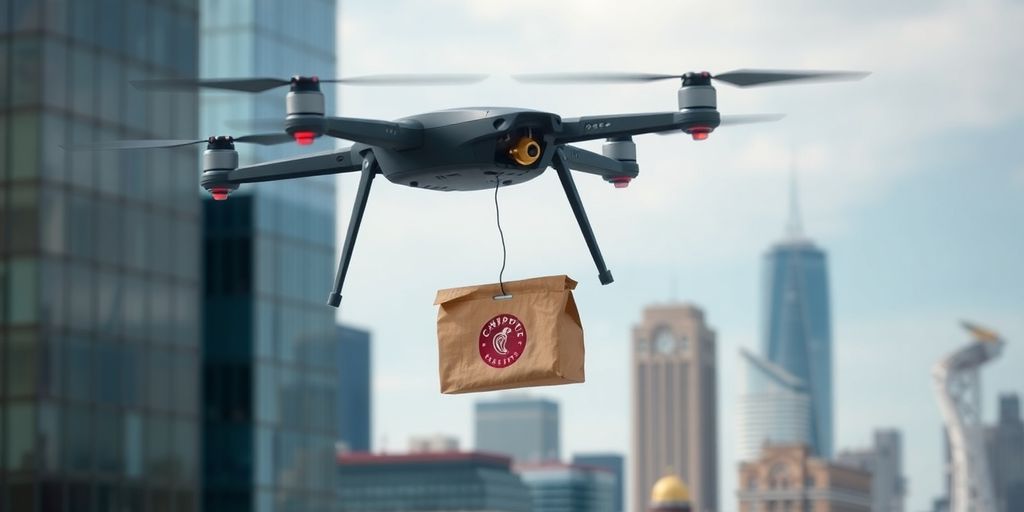 Drone Zipline livrant un colis Chipotle au-dessus d'une ville.