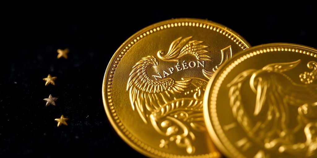 Une pièce de Napoléon en or sur fond sombre.