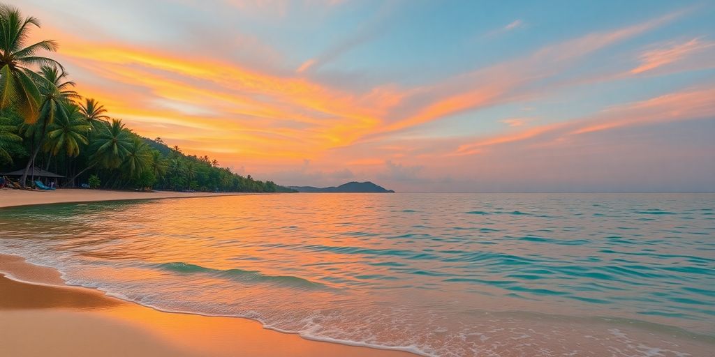 A beach with clear water and palm trees in Phuket.