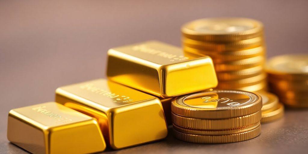 Lingots et pièces d'or brillants sur un fond flou.