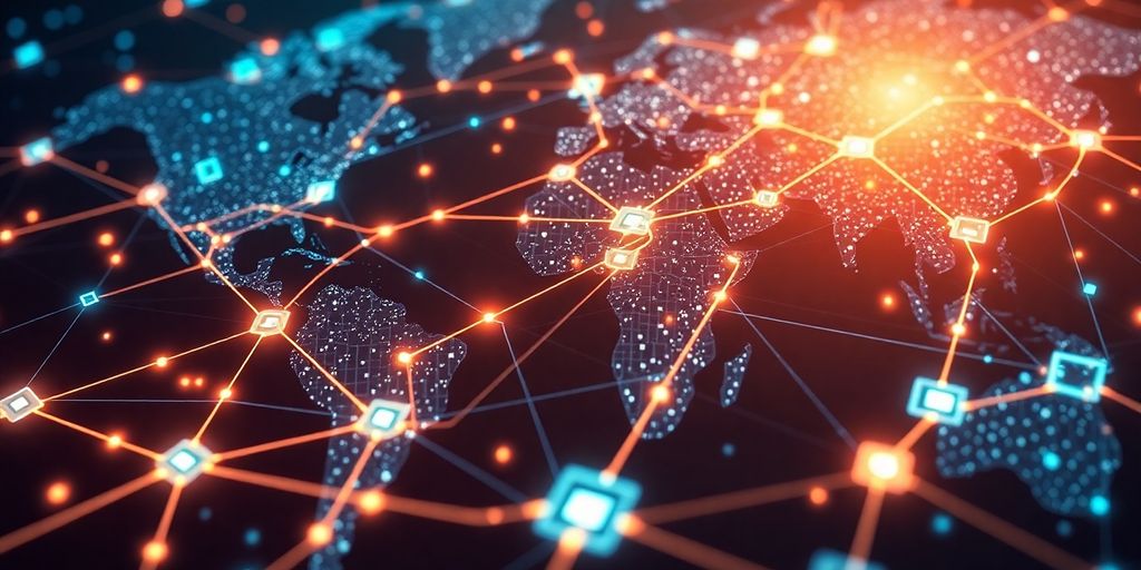 Blockchain nodes connecting global supply chains.