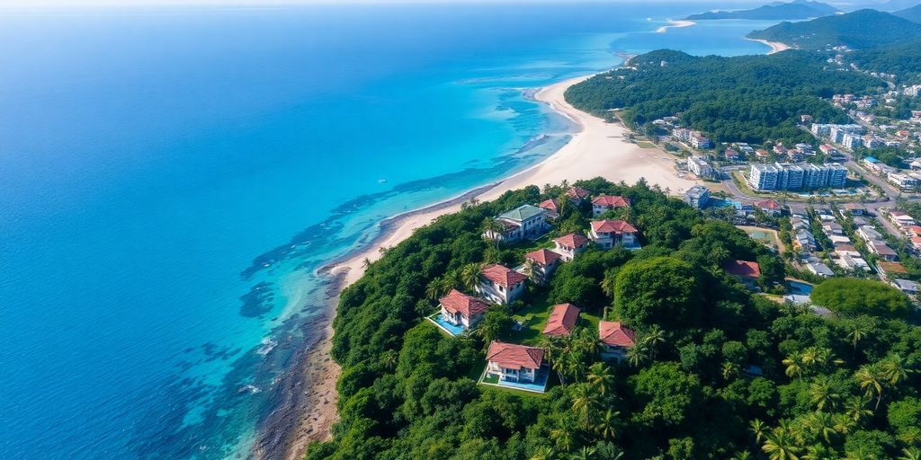 Aerial view of Phuket coastline and luxury villas.