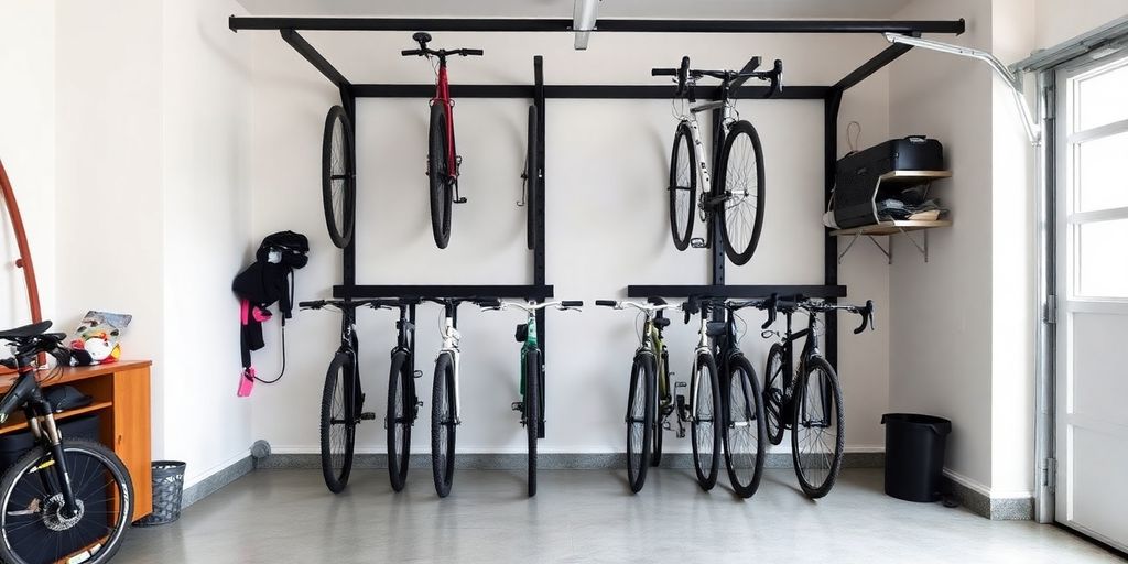 Wall-mounted bike storage system with multiple bikes.