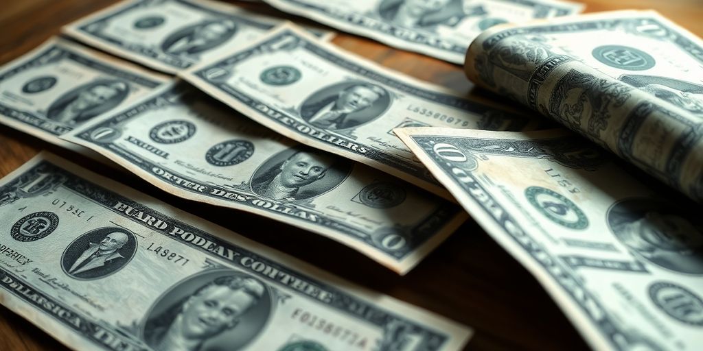 Old dollar bills on a wooden table, highlighting their details.