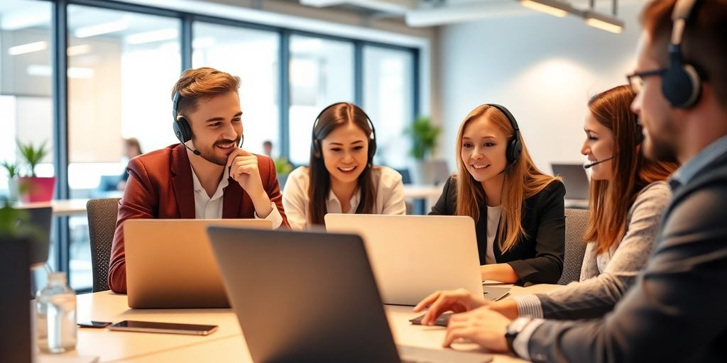 Office professionals using VoIP technology for collaboration.