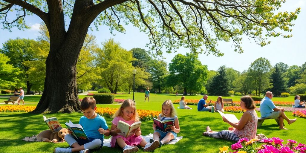 Families reading together in a beautiful Reading, PA park.