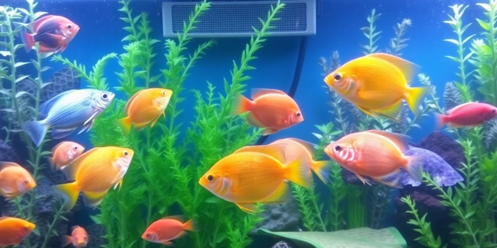 色彩斑斓的鱼和植物在光线充足的水族箱中。