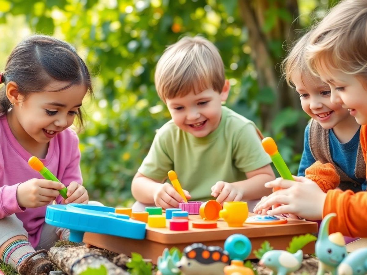  copii jucându-se cu jucării educaționale în natură