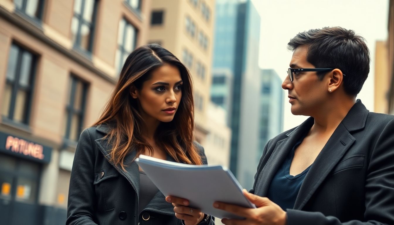 Attractive woman with a private investigator discussing privacy issues.