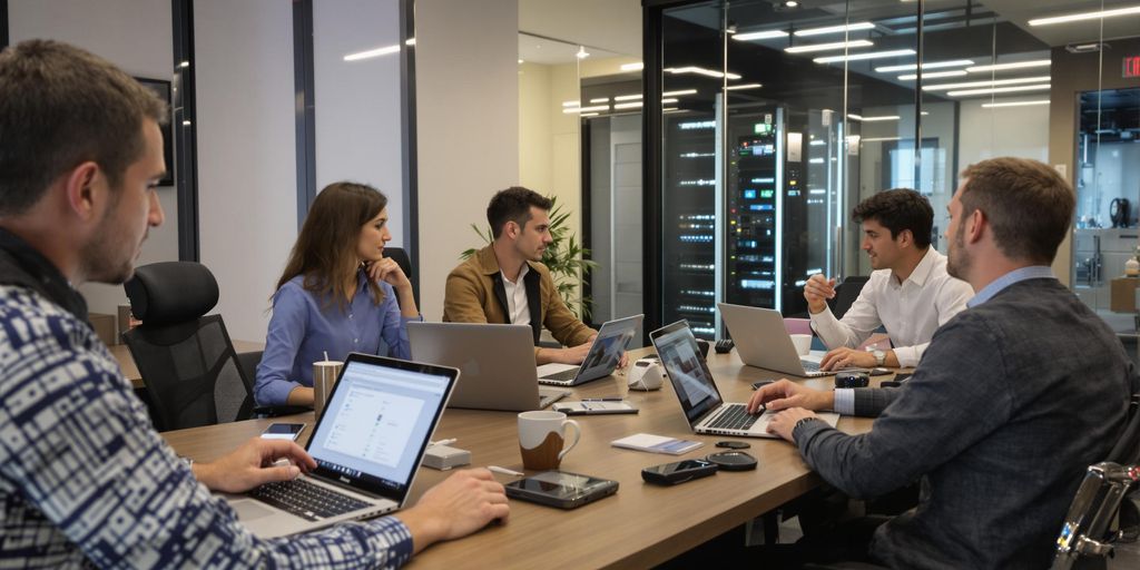 Moderne kontor med profesjonelle som diskuterer informasjonssikkerhet.