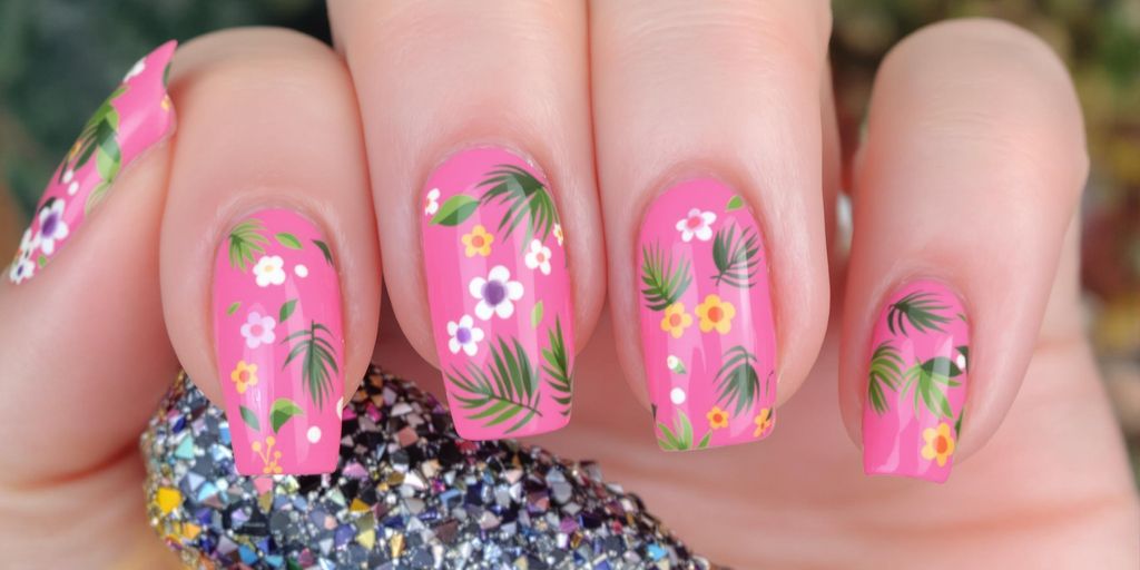Unhas rosa decoradas com temas tropicais e flores.