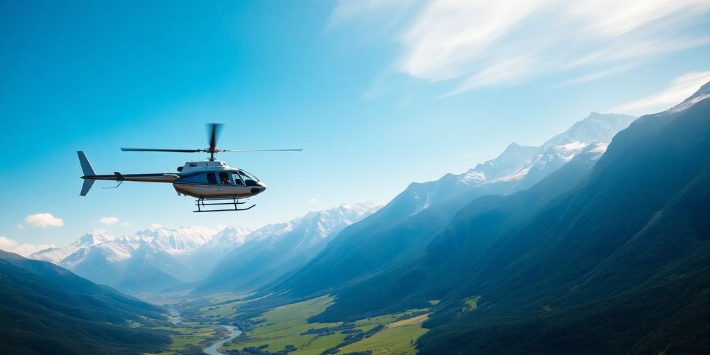 Helicopter flying over scenic mountain landscape.