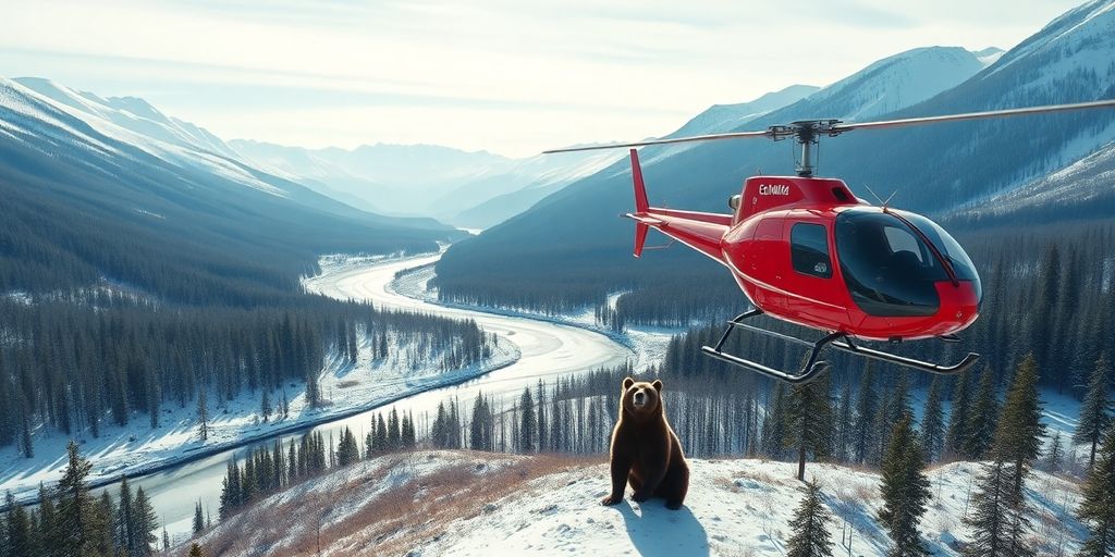 Red helicopter flying over a grizzly bear in an Alaskan valley.