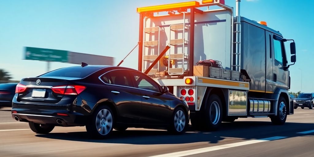 Tow truck hooking up to broken-down car on roadside.