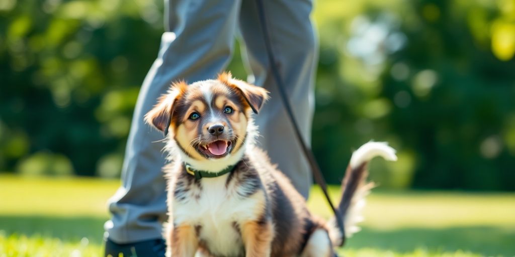 Happy puppy learning new skills with trainer.