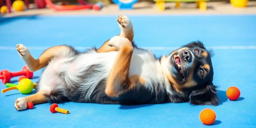 Dog lying on its back playing dead outdoors.