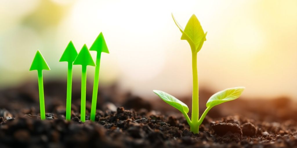 Green arrows ascending over a vibrant, growing plant.